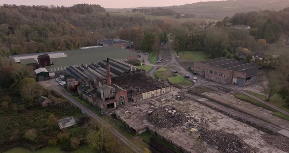 Old Industrial Site Demolition, Lydbrook, Wye Valley Gloucestershire UK Aerial View Dull Autumn Day