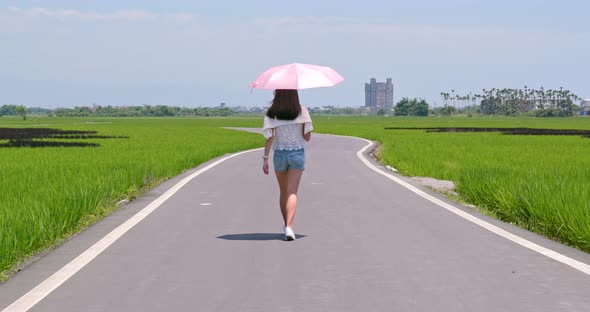 Woman Holding Umbrella and Walking Though the Road with Paddy Rice Beside alt