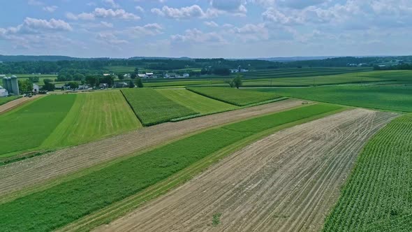 Aerial Traveling View of Corn Fields and Harvesting Crops, with Patches of Color alt