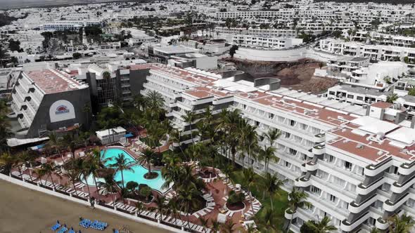 Aerial drone footage of the beautiful Lanzarote hotels and homes