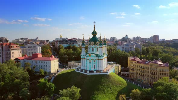 Aerial Drone Video Famous St. Andrews Church and Panorama of Kyiv, Ukraine alt