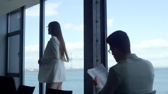 Company Ceo Checking Report at Panorama Window alt