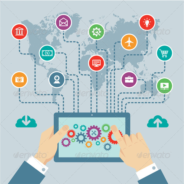 Tablet PC with Hands & Icons in Flat Style - Computers Technology