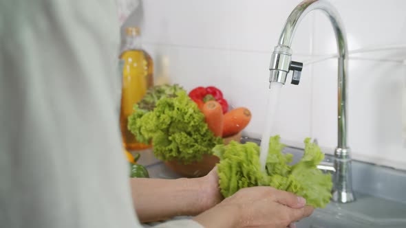 Slow motion Close up of Woman Hand Washing a Fresh Vegetables