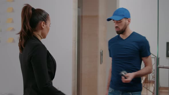 Delivery Guy Holding Contactless POS Terminal Service Delivering Takeaway Food Orde alt