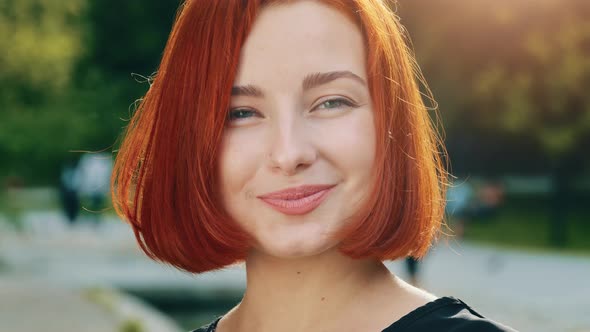 Close Up Human Female Face Redhead Woman Girlfriend with Natural Makeup Perfect Clean Skin Smiling alt