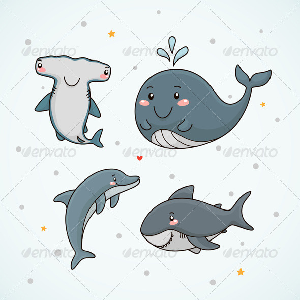 Dolphin, Whale, Shark and Hammerhead Shark - Animals Characters