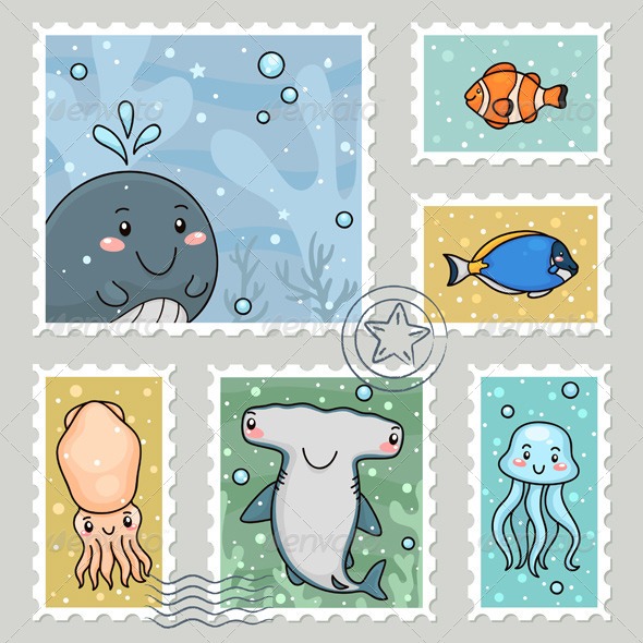 Stamp with Sea Animals - Animals Characters