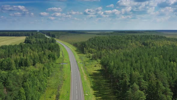 Aerial Top View of Country Road in Forest