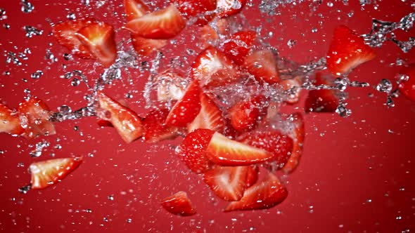 Super Slow Motion Shot of Fresh Strawberries and Water Side Collision on Red Background at 1000Fps. alt