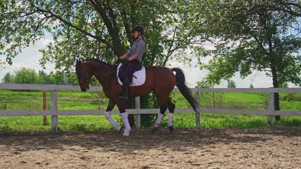 A Female Jockey Wearing A Safety Helmet Riding On The Back Of Her Dark Bay Horse alt