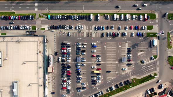 Hyperlapse Aerial Drone View of Supermarket Parking Lot with a Lots of Cars alt