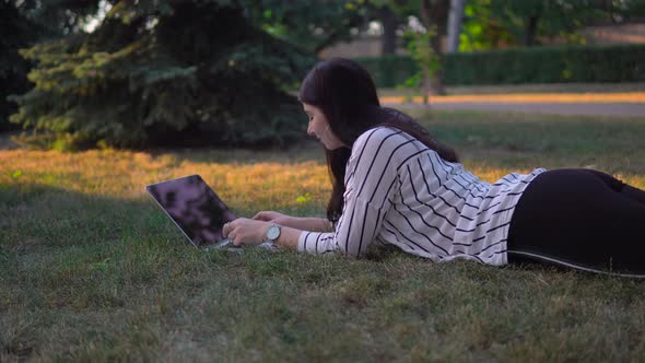 Woman on Grass in Park with Laptop Freelancer Distance Remote Working