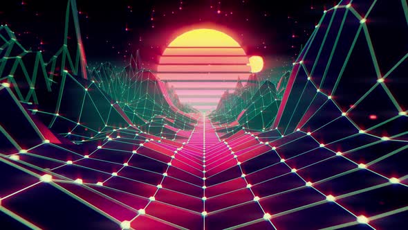 80s Retro Futuristic Scifi Background VJ Videogame Landscape with Neon Lights