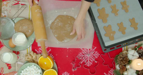Flat Lay. Step By Step. Rolling Out Gingerbread Cookie Dough To Bake Christmas Cookies. alt