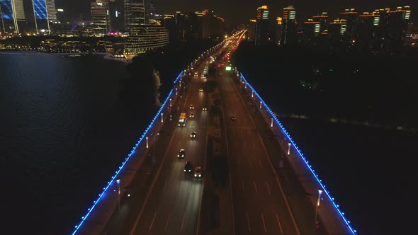 Aerial View of the Bridge in the Modern City Panoramic View of the Bridge with Illumination alt