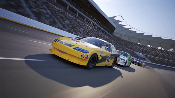 Nascar race. Camera slowly moves in showing  cars fighting for the best position alt