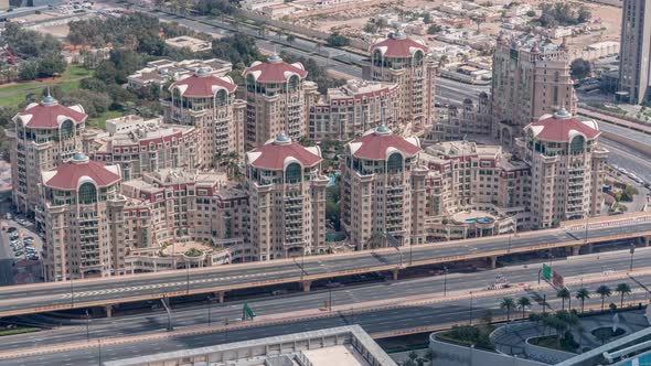 Aerial View of Highway Interchange in Dubai Downtown Evening Timelapse alt