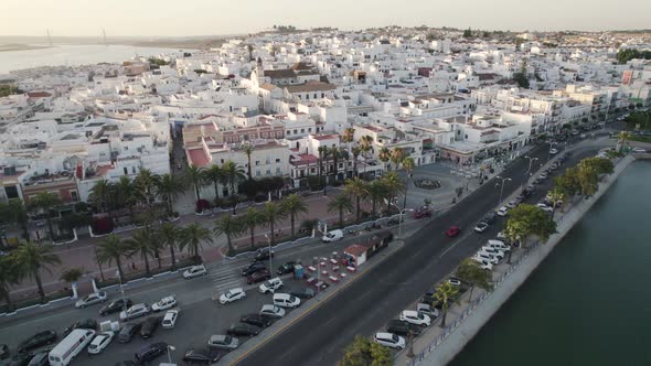 Ayamonte cityscape against Guadiana River, Huelva, Spain. Scenic arial view alt