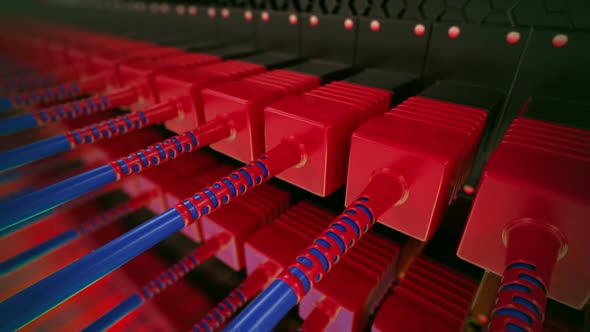 Endless array of optic cables connected to the router ports. Loopable. HD alt