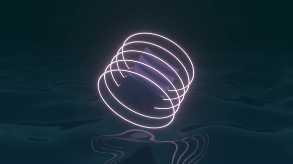 Neon glowing circles around cube in a dark space. Seamless loop simple 3d animation alt