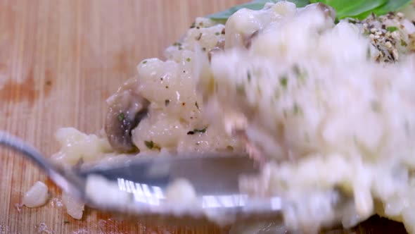 Taking some homemade risotto with a small spoon, macro shot in 4k. alt