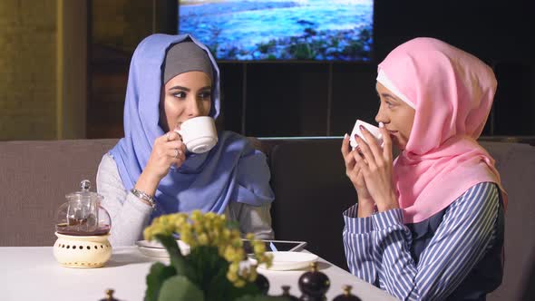 Young Girls in Hijabs Spend Time Together. Two Beautiful Muslim Girl in Cafe. Young Girls in Hijabs