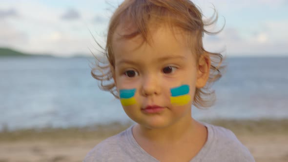 Close Up Portrait Little Baby with Flag of Ukraine on Face Sitting Alone alt