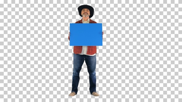 Senior farmer in a hat holding blank placard, Alpha Channel alt