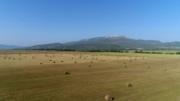 Beautiful Panorama of a Field with Haystacks Against the Background of Mountains and Sky alt