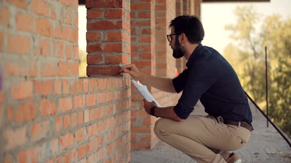 Engineer Builder In Hard Hat On Building Site. Construction Worker With Blueprints. Housing Project. alt