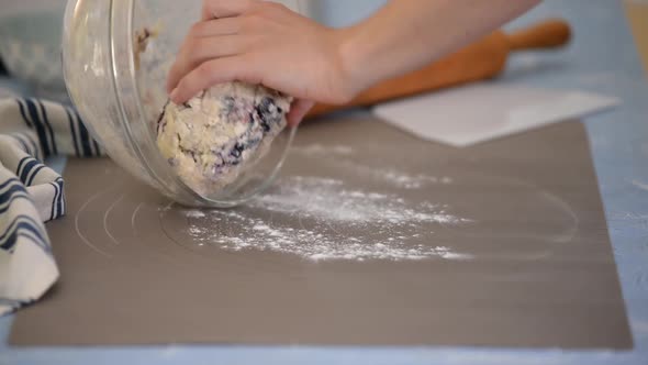 Woman prepares blueberry buns. Homemade baking.	