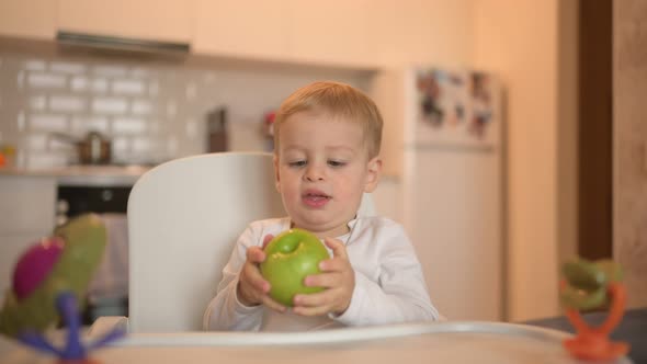 Little Happy Cute Baby Toddler Boy Blonde Sitting on Baby Chair Playing with Apple