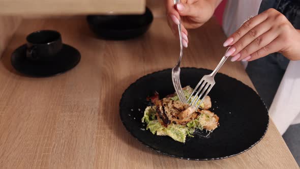 Young Woman Stand Modern Kitchen Preparing Salad Happy Millennial Female Hands alt