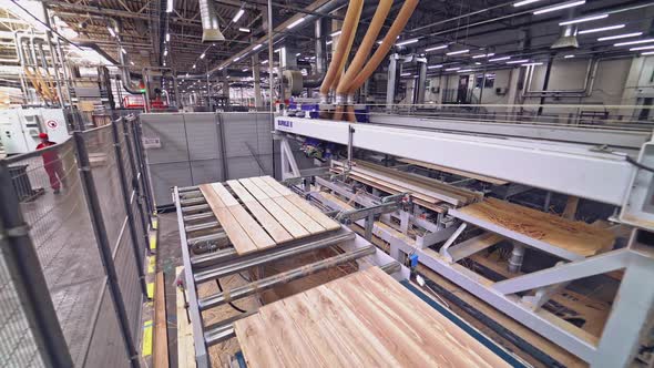 Modern automatic line is grinding the parquet boards with motion to the right and left alt