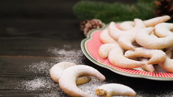Plate Full of Traditional German or Austrian Vanillekipferl Vanilla Kipferl Cookies alt