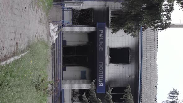 Vertical Video of a Burned Down Police Station in Ukraine During the War alt