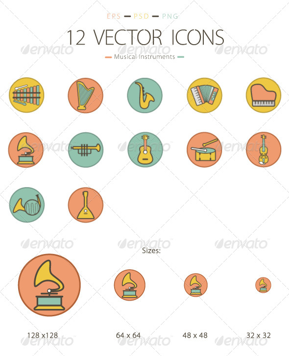 Set of 12 Musical Instruments Icons - Man-made objects Objects