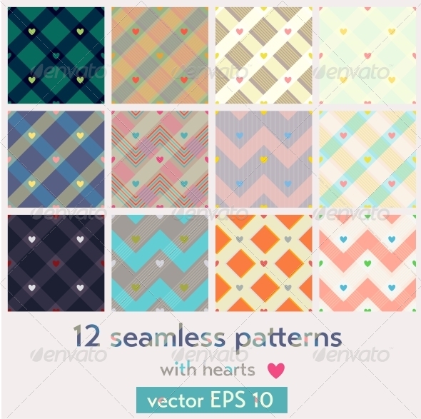 Set of 12 Seamless Patterns with Hearts - Patterns Decorative