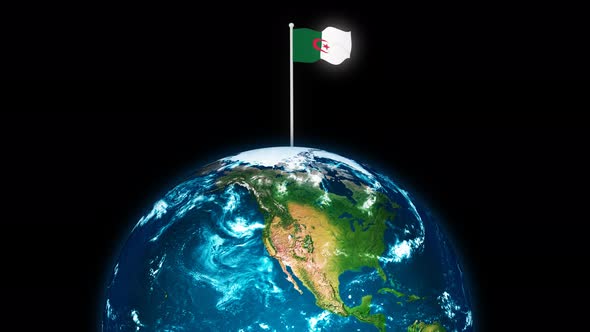 3d Rotated Planet Earth On Flying Algeria Flag Animation alt
