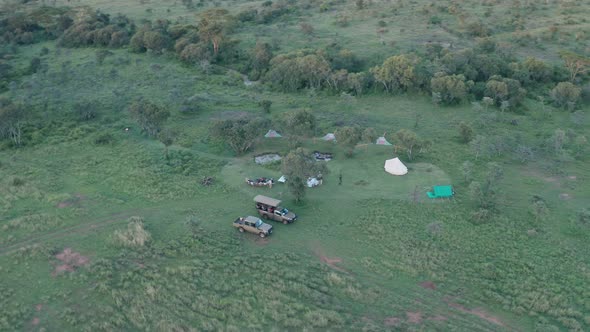 Luxury safari holiday bush camping in Laikipia, Kenya, Africa. Aerial drone view alt