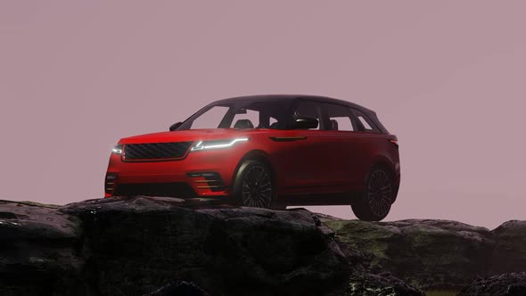 Red Luxury Off-Road Vehicle Standing in Foggy Rocky Area