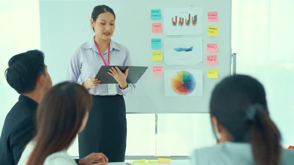 Businesswoman Proficiently Present Work Project Receive Celebrations From Team alt