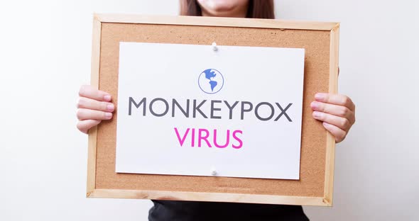 Woman holding a sheet of paper with the inscription monkeypox virus close up. A new virus in medicin alt