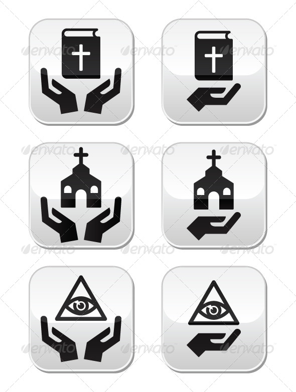 Religion Buttons - Hands with Bible, Church, Eye - Religion Conceptual