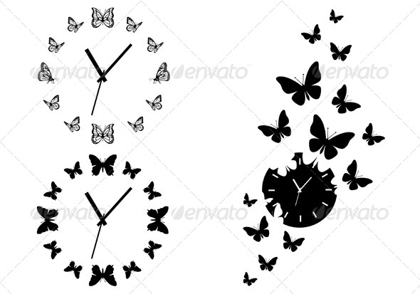 Time Flies, Butterfly Clocks, Vector Set - Animals Characters