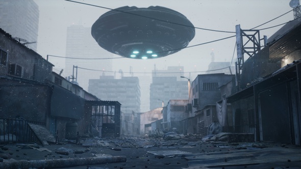 A Flying Saucer Flies Over A Deserted City