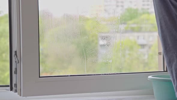 Man washes the windows with special foam and cleans them. Cleaning service. Worker in black gloves alt
