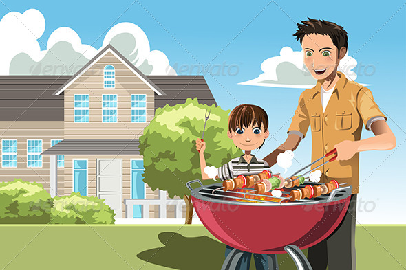 Father and Son doing Barbecue - People Characters