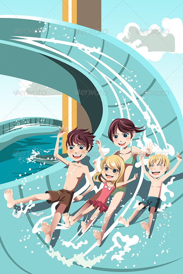 Kids Playing in Water Slides - People Characters
